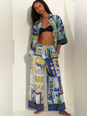 Anthropologie Celandine Scenic Printed Linen Wide Leg Drawstring Pants- M